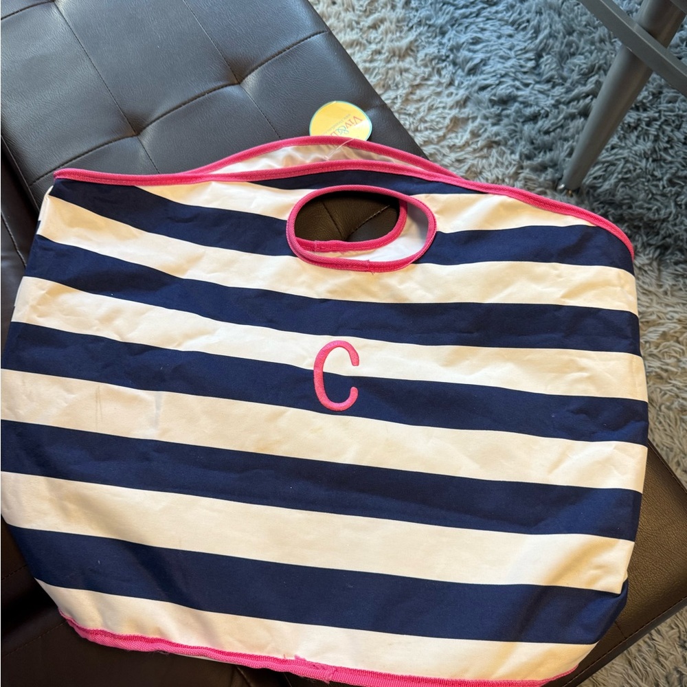 Viv&Lou Striped Navy and White Tote Bag with Pink Accents. Monogram letter C